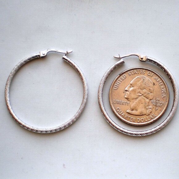 Vintage Large European Italy 14K White Gold Diamond Cut Hoop Earrings 14kt - Picture 1 of 7